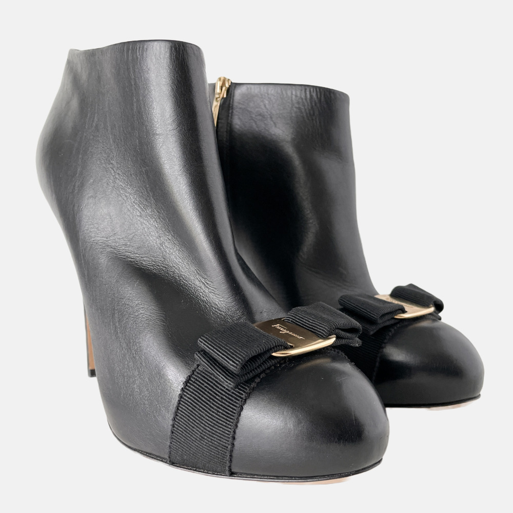 Salvatore Ferragamo Royal C Vara Bow Leather Booties Heel Black
